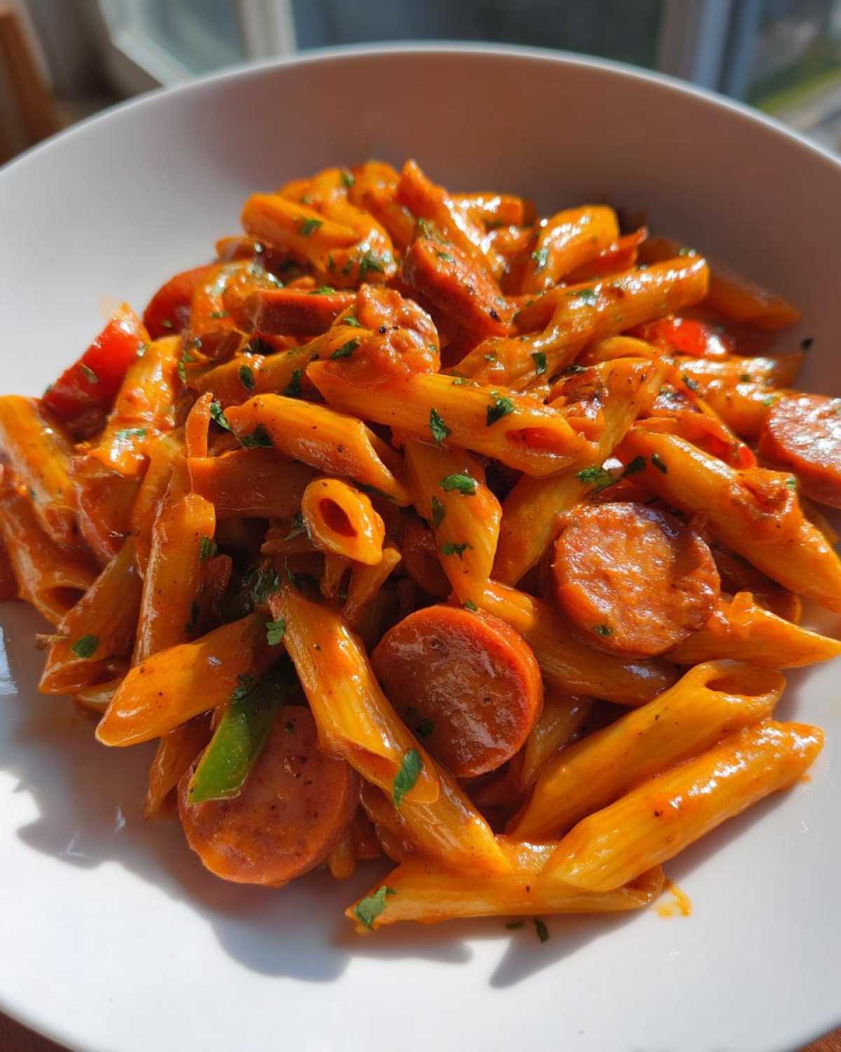 A close-up of a white bowl filled with One-Pot Creamy Cajun Sausage Pasta, featuring penne, sliced sausage, and parsley garnish.