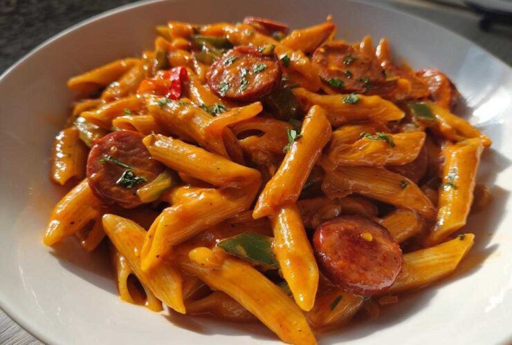 A close-up, bright photo of One-Pot Creamy Cajun Sausage Pasta featuring penne pasta, sliced sausage, and green peppers in a rich orange sauce.