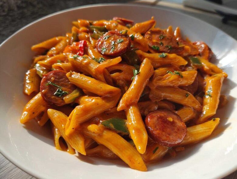 A close-up, bright photo of One-Pot Creamy Cajun Sausage Pasta featuring penne pasta, sliced sausage, and green peppers in a rich orange sauce.