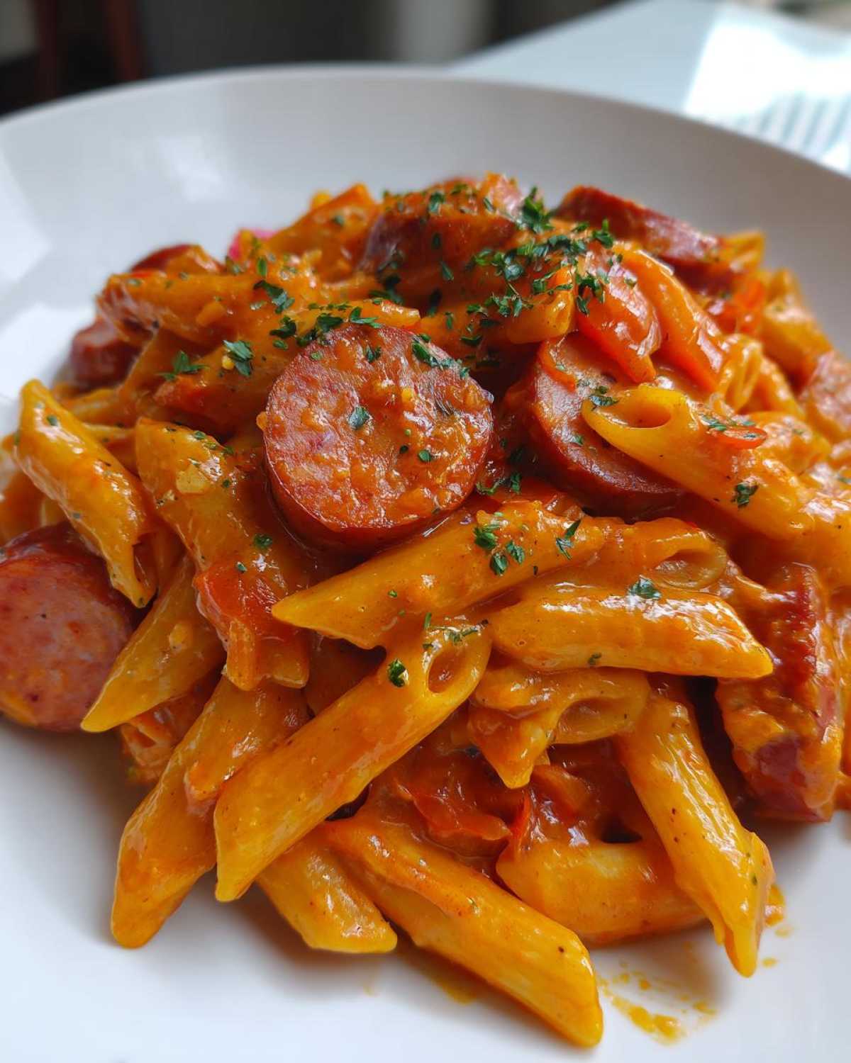 Close-up of penne pasta coated in a rich, orange sauce with slices of smoked sausage in this One-Pot Creamy Cajun Sausage Pasta.