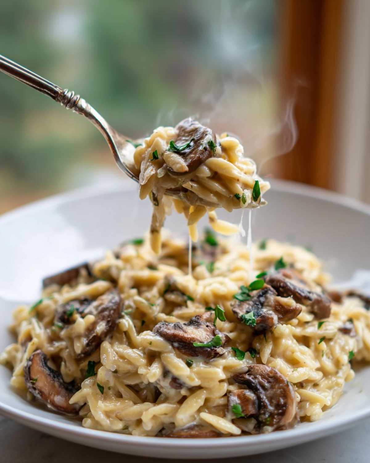 A fork lifts a steaming bite of creamy mushroom orzo, showing cheese pull, from a white bowl.
