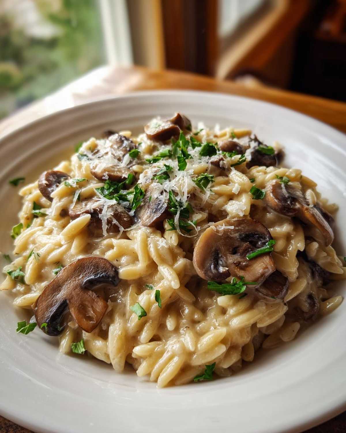 Close-up of a white bowl filled with One-Pot Creamy Mushroom Orzo, topped with mushrooms and Parmesan.