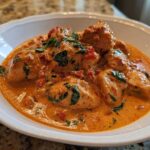 Close-up of One-Pot Creamy Sun-Dried Tomato Chicken pieces coated in rich, orange sauce with spinach.