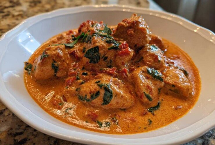 Close-up of One-Pot Creamy Sun-Dried Tomato Chicken pieces coated in rich, orange sauce with spinach.