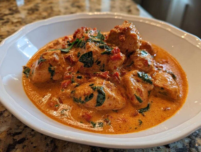 Close-up of One-Pot Creamy Sun-Dried Tomato Chicken pieces coated in rich, orange sauce with spinach.