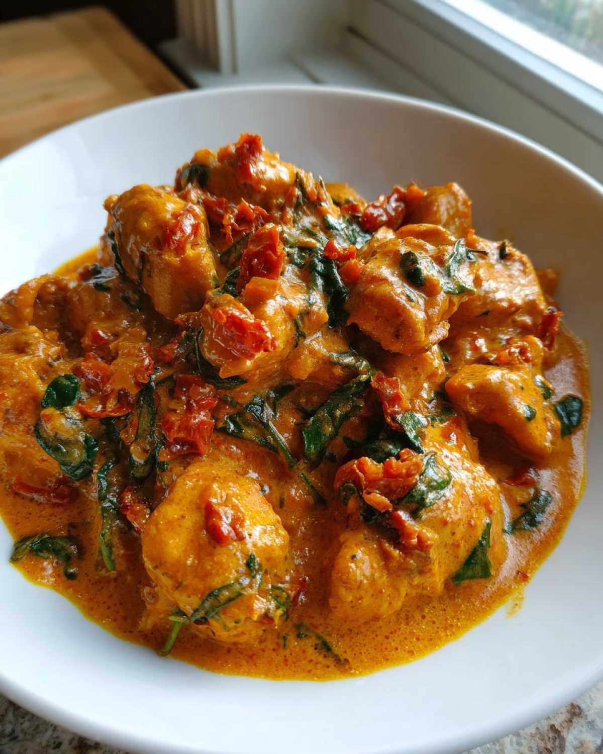 Close-up of tender chicken pieces coated in a rich, creamy sauce with sun-dried tomatoes and spinach: One-Pot Creamy Sun-Dried Tomato Chicken.