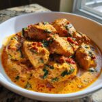 Chunks of chicken smothered in a rich, creamy, orange sauce with visible sun-dried tomatoes and spinach, served in a white bowl.