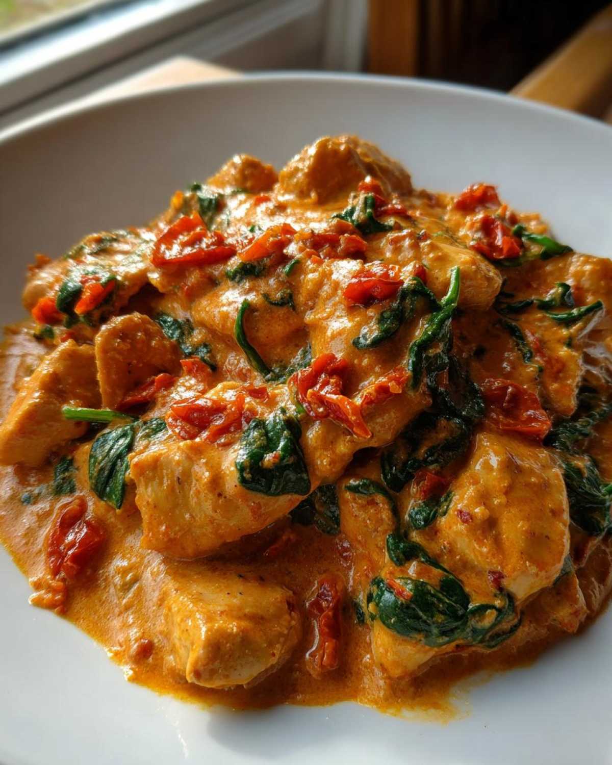 Close-up of tender chicken pieces coated in a rich, creamy sauce with sun-dried tomatoes and spinach, ready to eat.