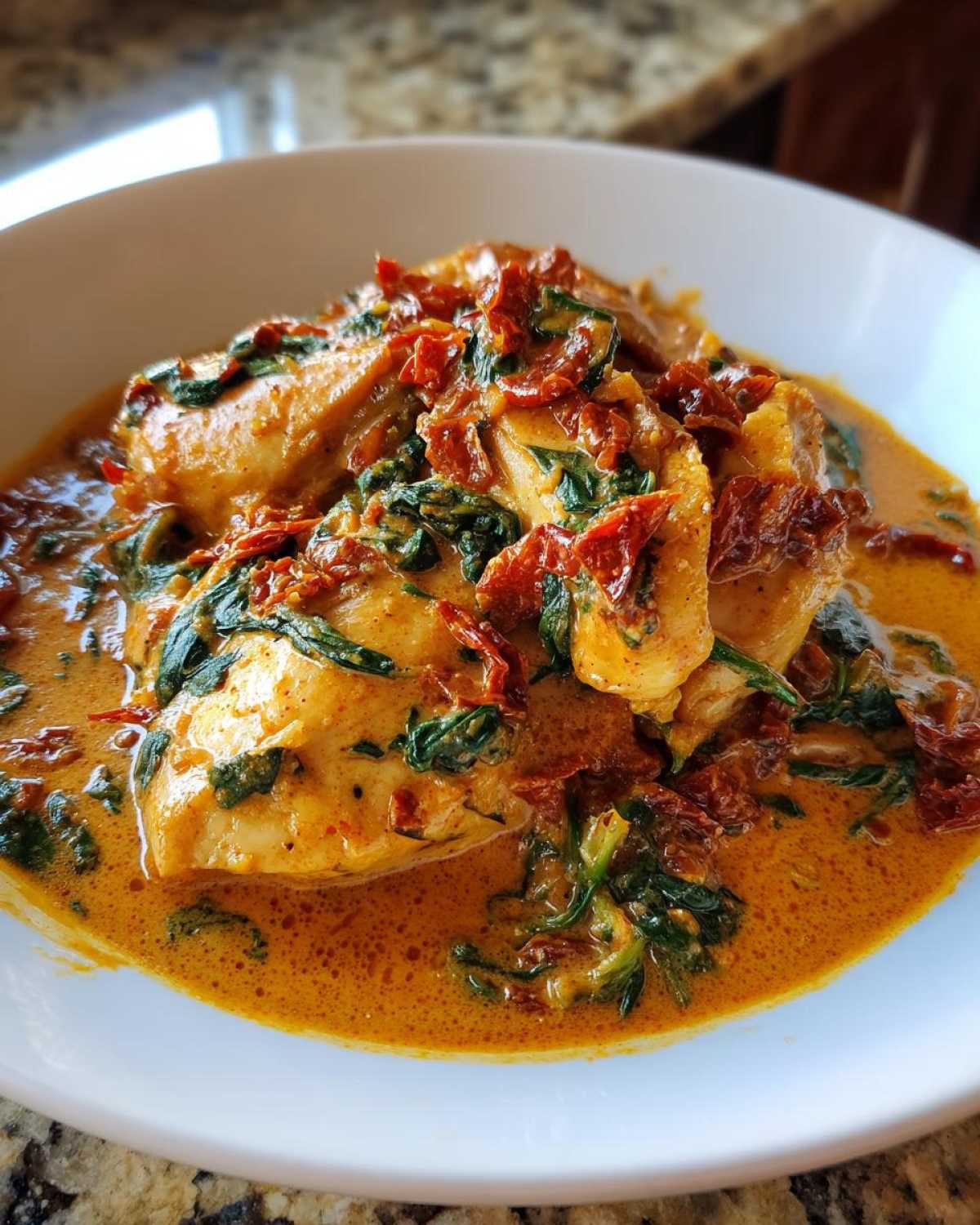 Close-up of tender chicken breasts smothered in a rich, creamy sauce with sun-dried tomatoes and spinach: One-Pot Creamy Sun-Dried Tomato Chicken.