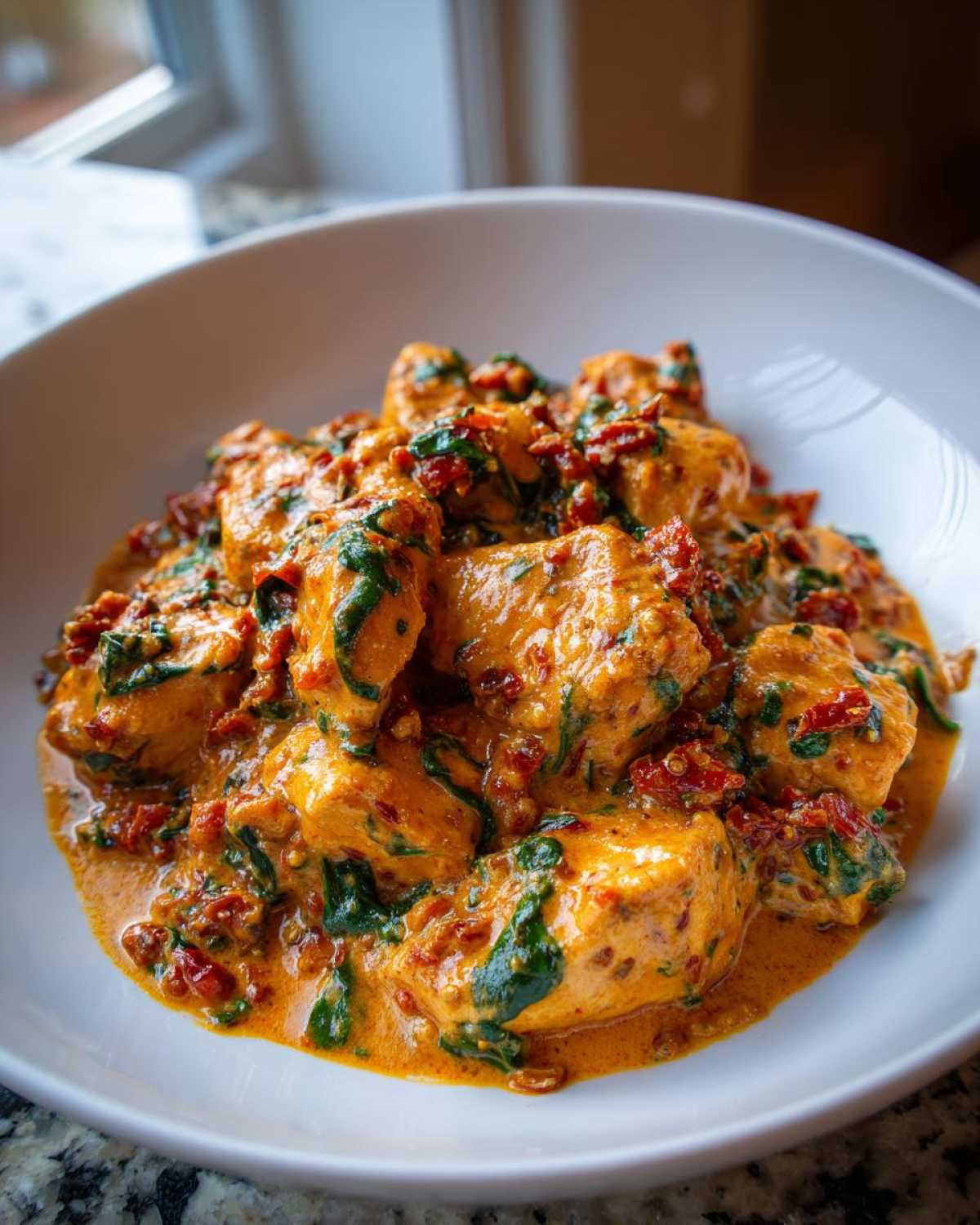Close-up of tender chicken pieces coated in a rich, creamy sun-dried tomato sauce with visible spinach in a white bowl.