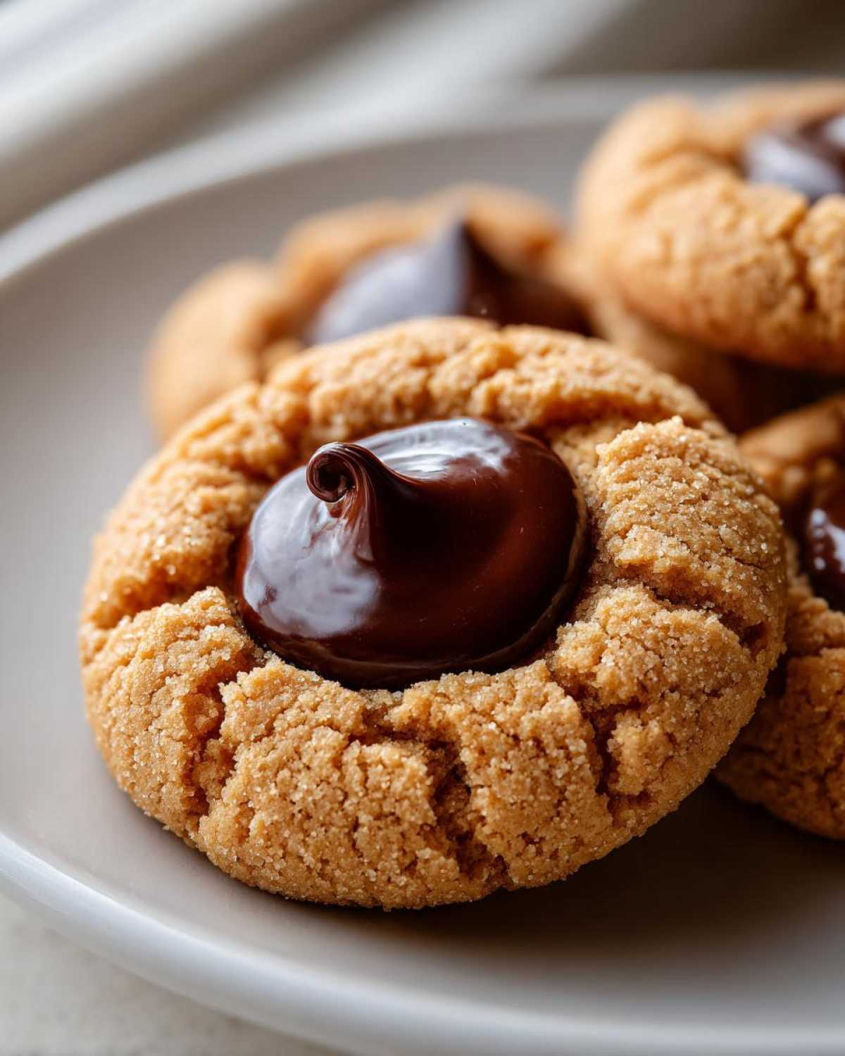 Close-up of a freshly baked Peanut Butter Blossom Cookie with a swirl of melted chocolate on top.