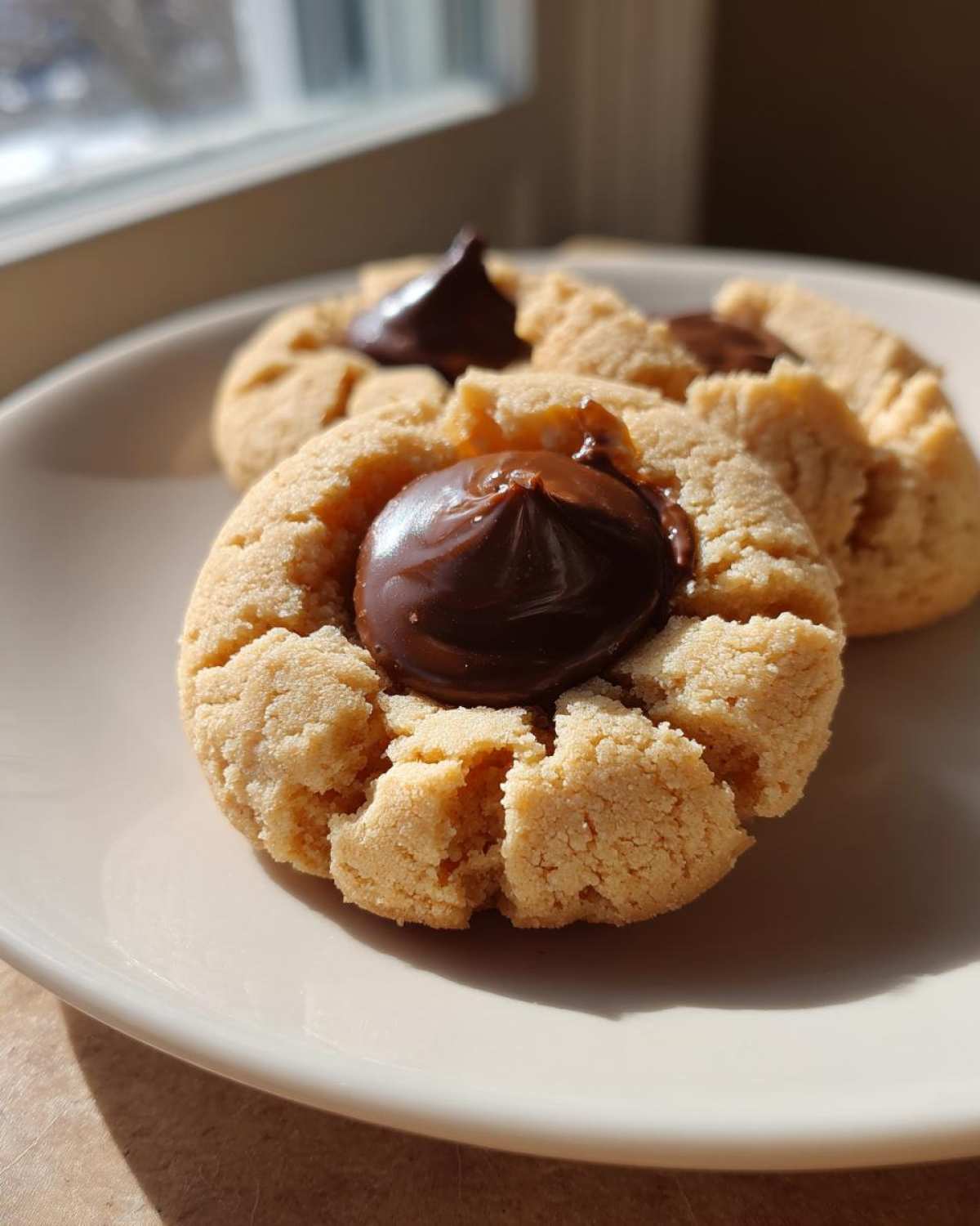 Two freshly baked Peanut Butter Blossom Cookies topped with melted chocolate kisses, sitting on a light plate.