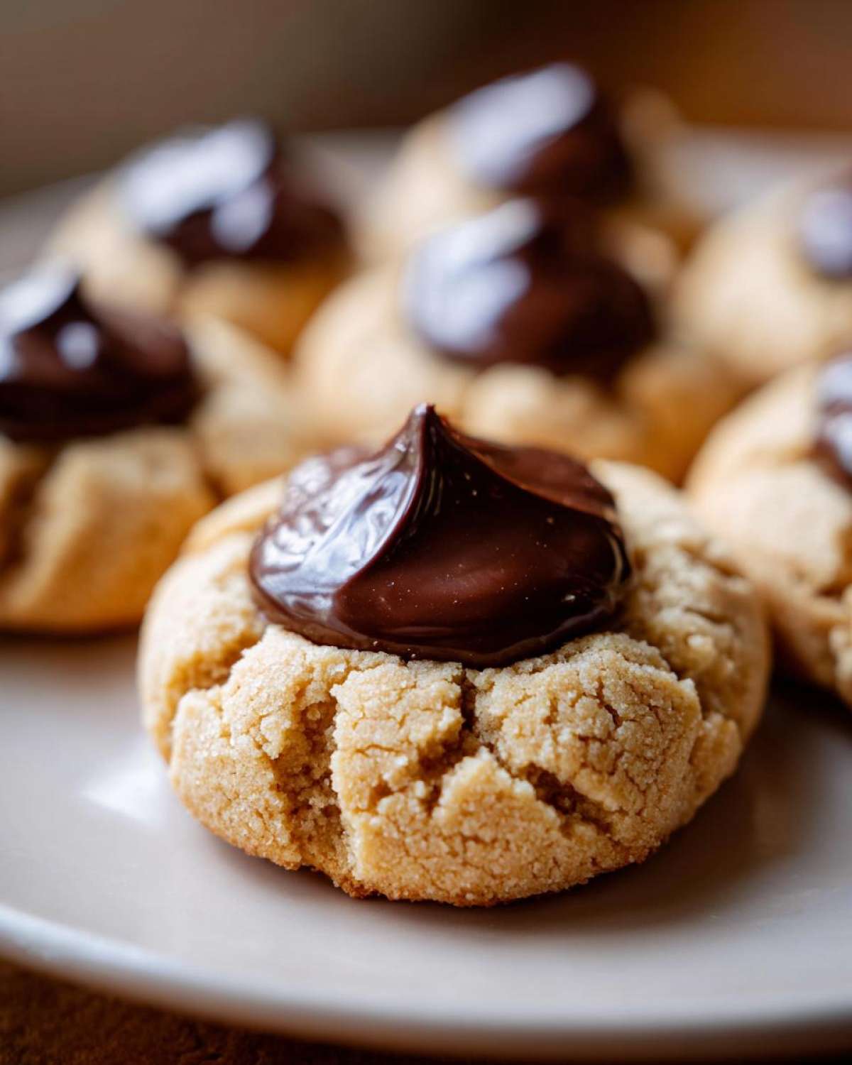 A close-up shot of a freshly baked Peanut Butter Blossom Cookie topped with a dollop of melted chocolate.