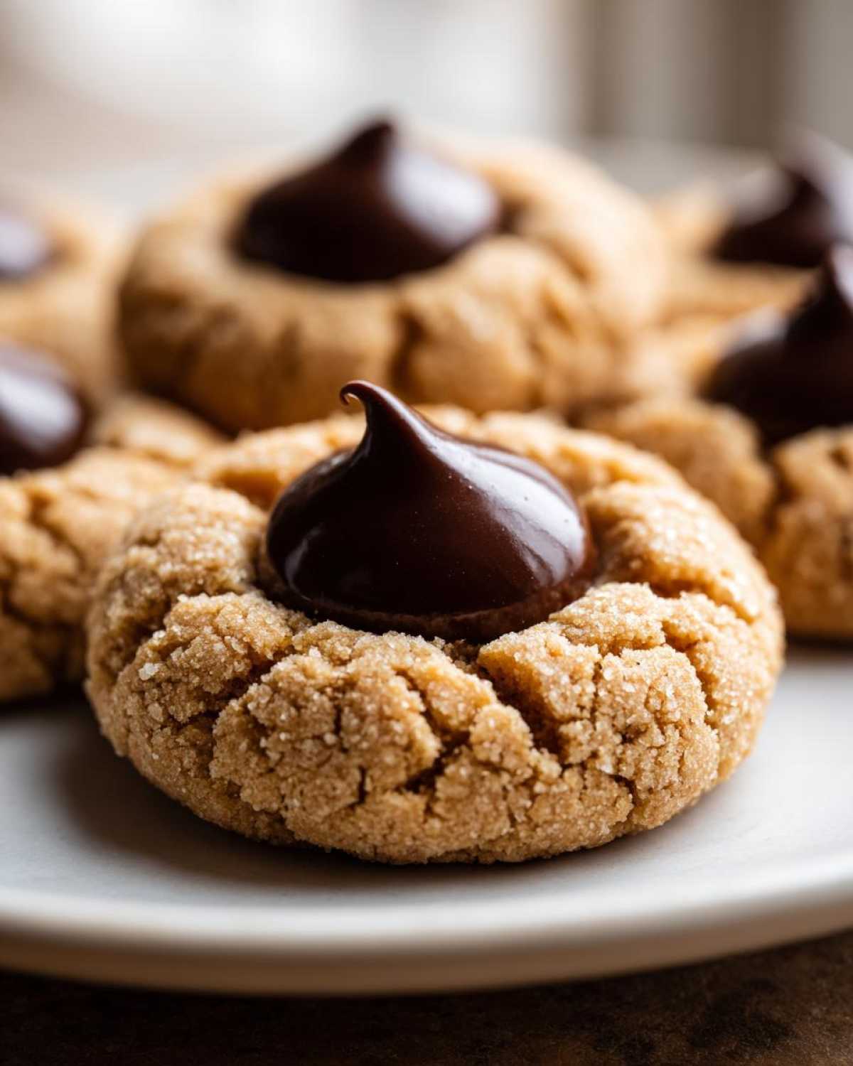 A close-up of a classic Peanut Butter Blossom Cookie with a shiny chocolate kiss pressed into the center.