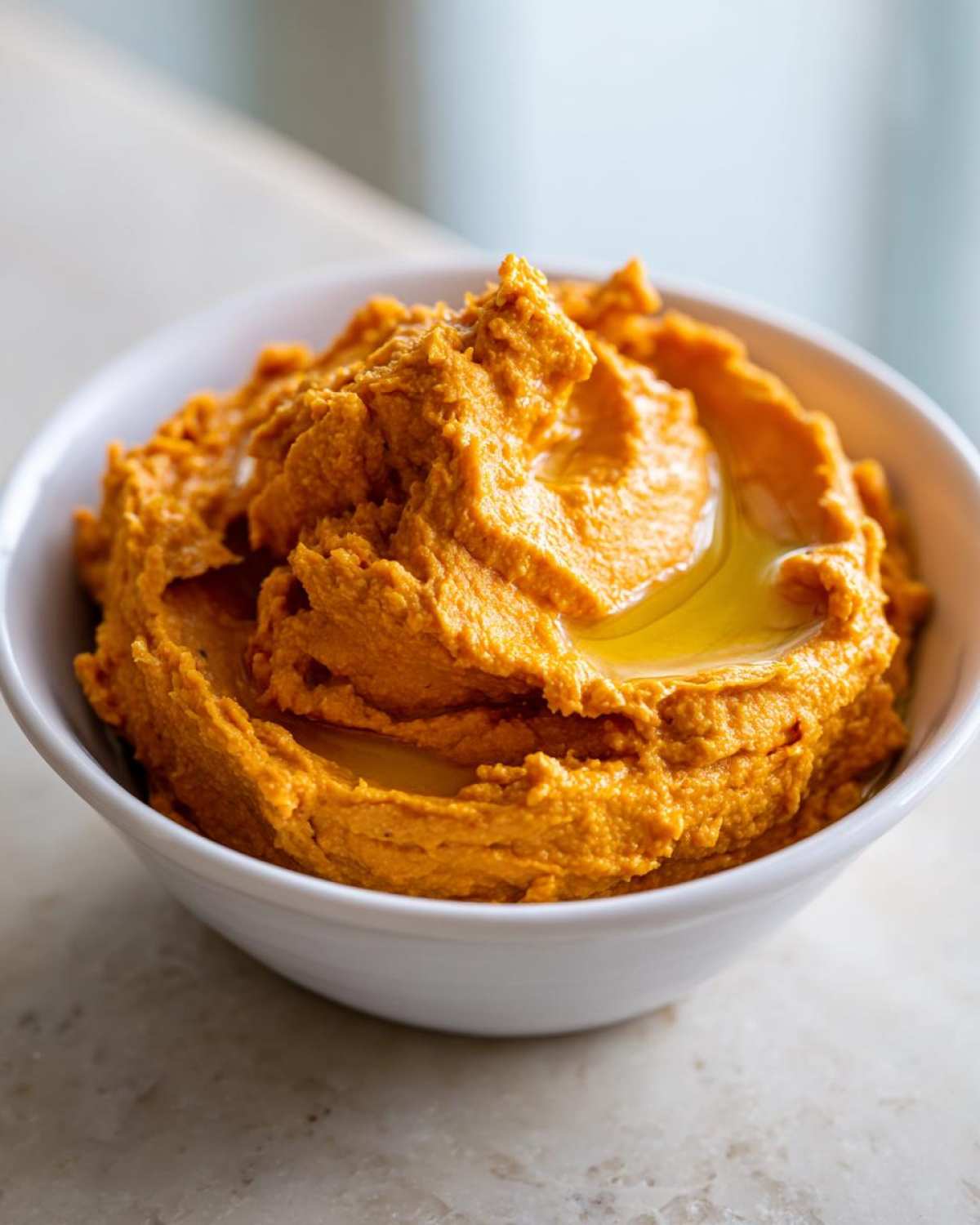 Close-up of vibrant orange Roasted Red Pepper Hummus swirled in a white bowl, drizzled with olive oil.