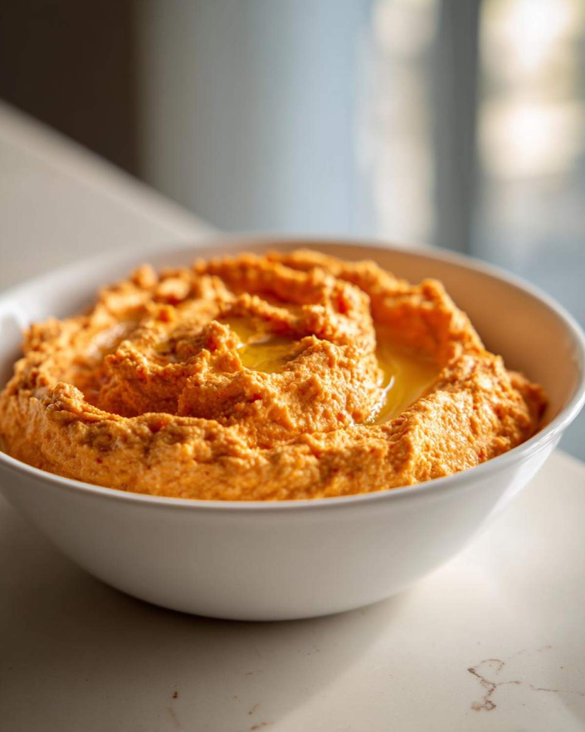 A close-up of a white bowl filled with vibrant orange Roasted Red Pepper Hummus, drizzled with olive oil.