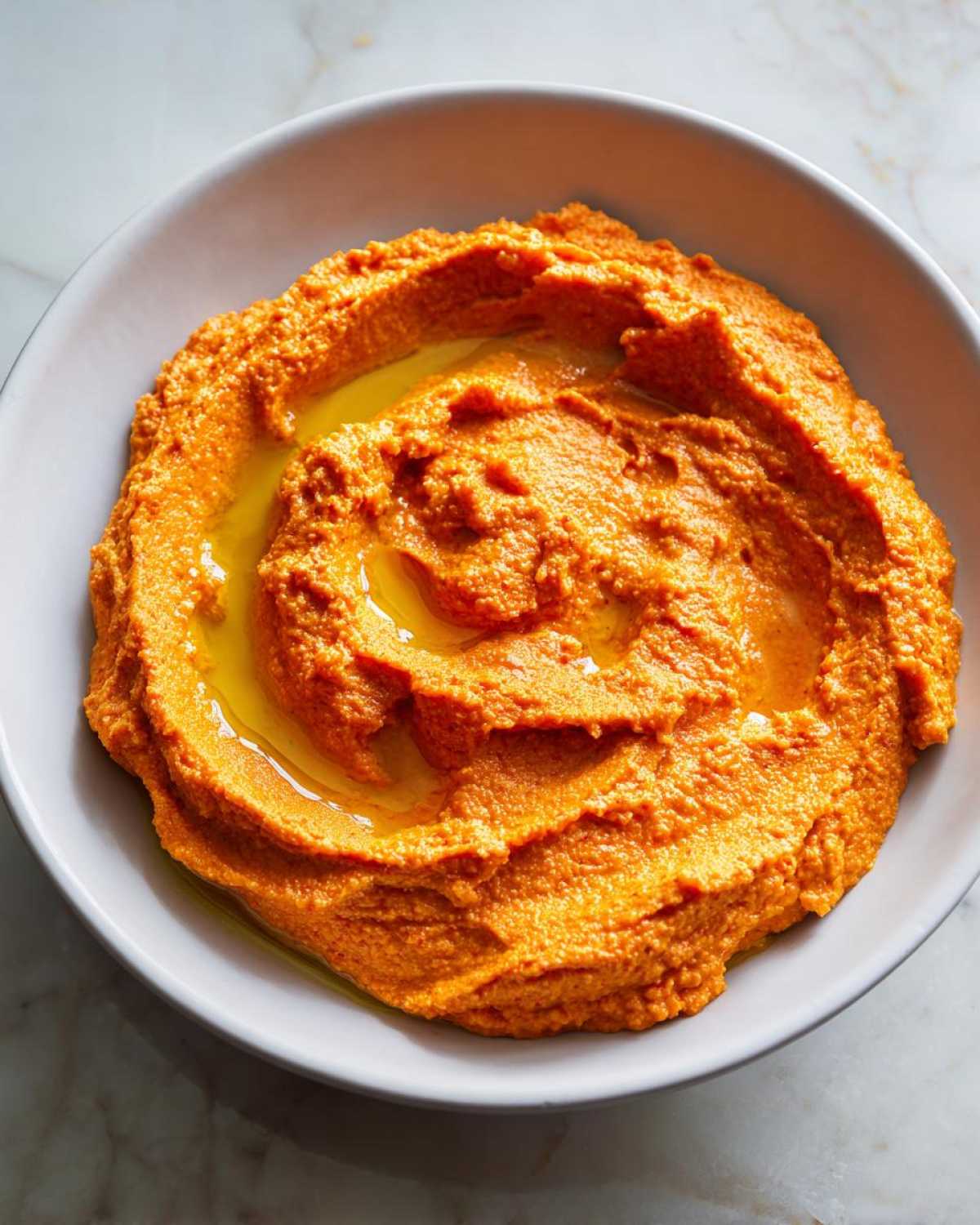 Close-up of vibrant orange Roasted Red Pepper Hummus swirled in a white bowl, drizzled with olive oil.