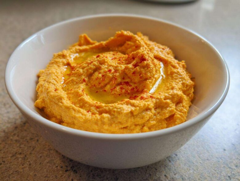 Close-up of creamy Roasted Red Pepper Hummus drizzled with olive oil and sprinkled with paprika in a white bowl.