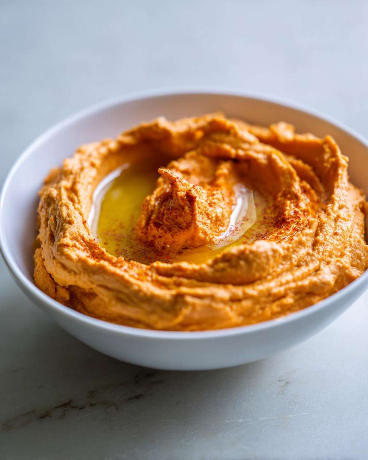 Close-up of creamy, vibrant orange Roasted Red Pepper Hummus drizzled with olive oil and sprinkled with paprika in a white bowl.