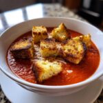 A white bowl filled with vibrant Roasted Tomato Basil Soup topped with golden Grilled Cheese Croutons and melted cheese.
