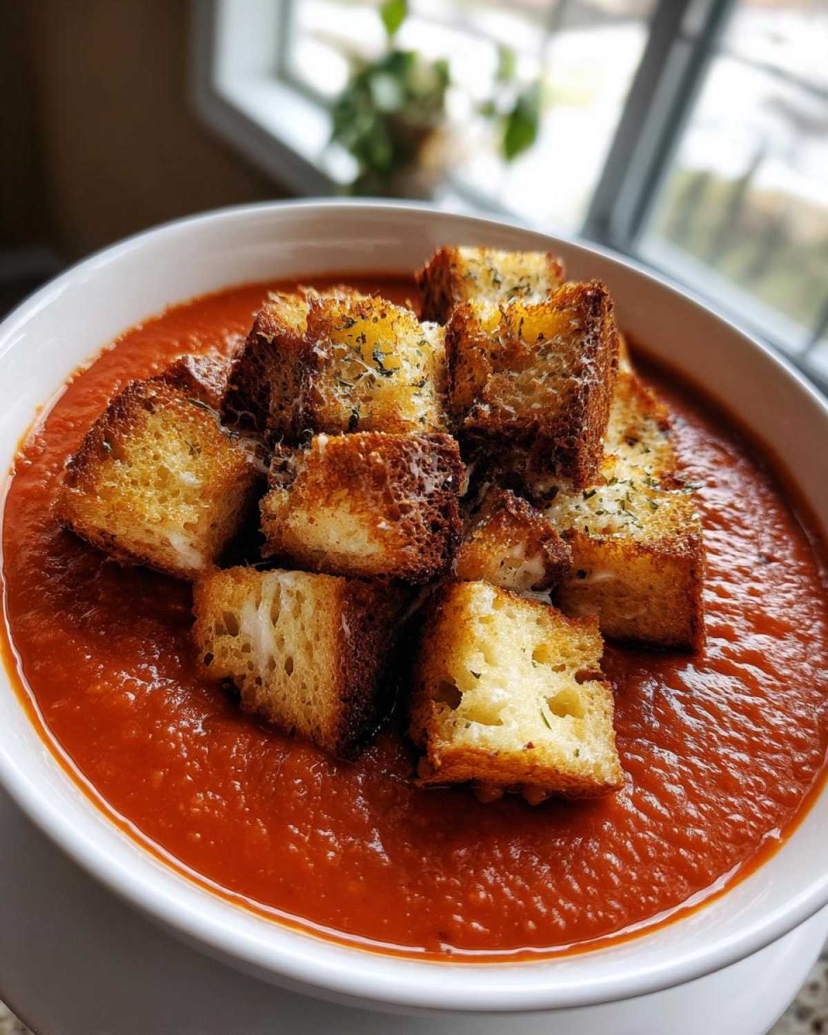 A bowl of vibrant Roasted Tomato Basil Soup topped generously with golden Grilled Cheese Croutons.