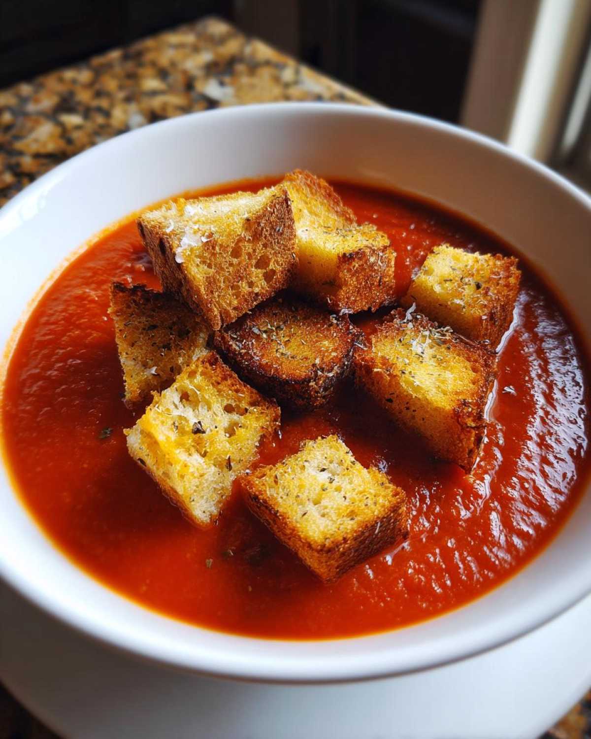 A close-up of vibrant red Roasted Tomato Basil Soup topped with golden Grilled Cheese Croutons.