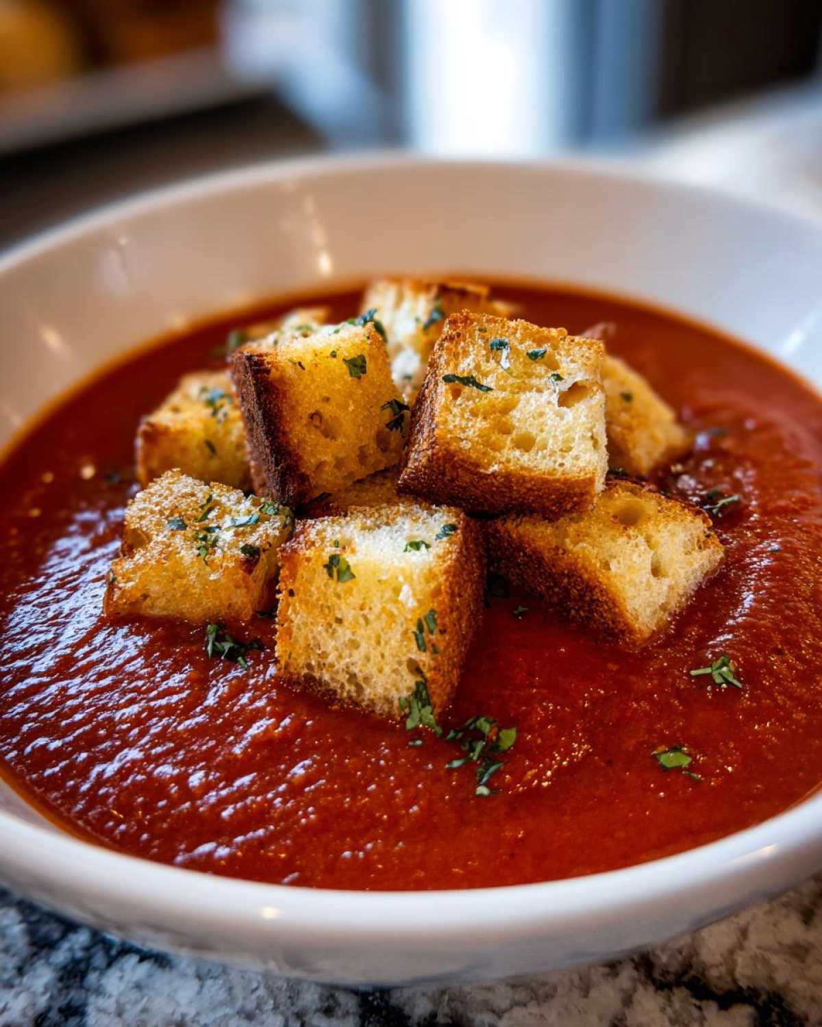 A close-up of a bowl of rich Roasted Tomato Basil Soup topped with golden grilled cheese croutons.