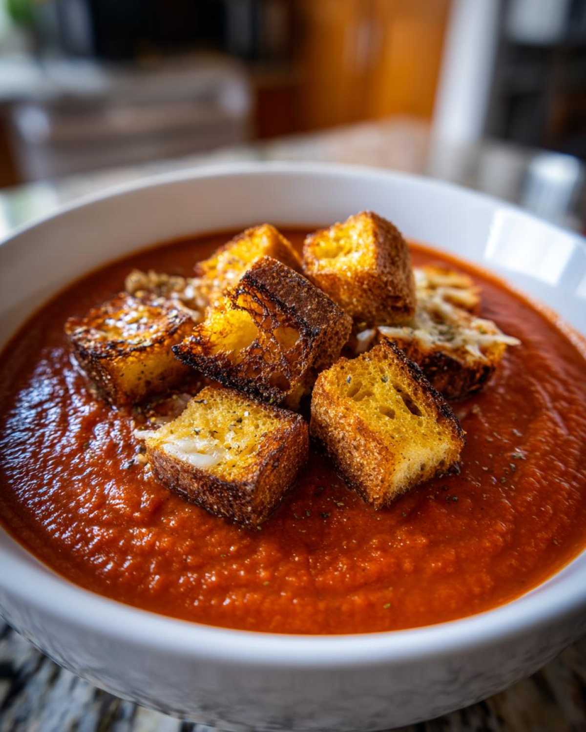 Close-up of a bowl of vibrant Roasted Tomato Basil Soup topped with golden Grilled Cheese Croutons.