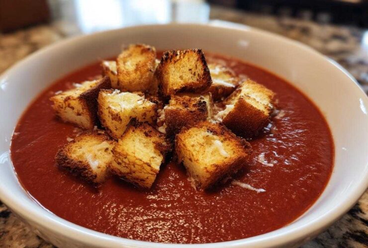A close-up of rich red Roasted Tomato Basil Soup topped with golden Grilled Cheese Croutons.