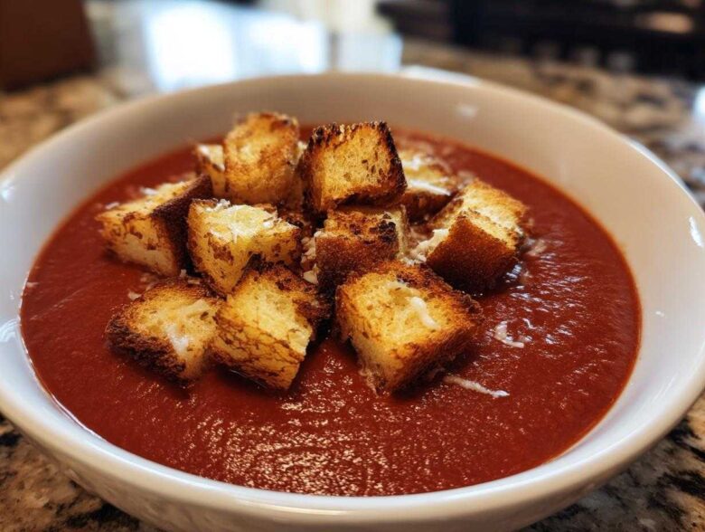 A close-up of rich red Roasted Tomato Basil Soup topped with golden Grilled Cheese Croutons.