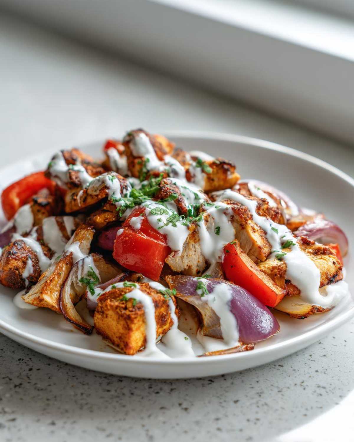 Close-up of Sheet Pan Chicken Shawarma pieces topped with white garlic yogurt sauce and parsley.