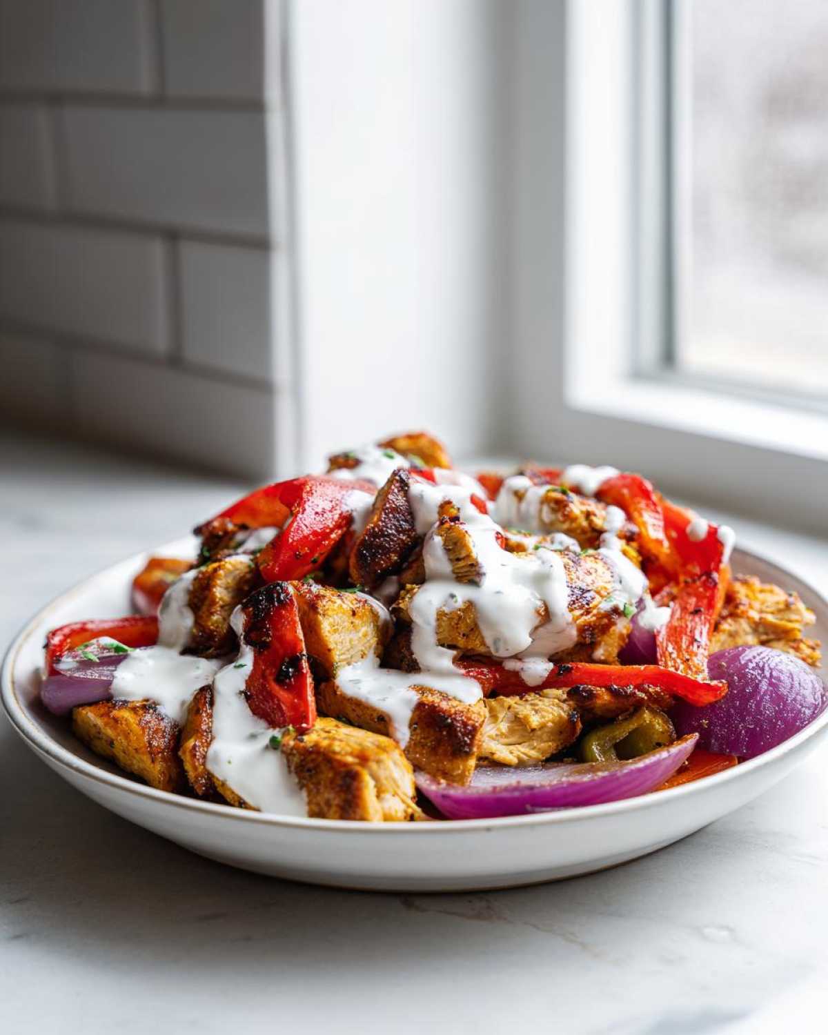 Close-up of Sheet Pan Chicken Shawarma pieces topped with creamy garlic yogurt sauce and roasted vegetables.