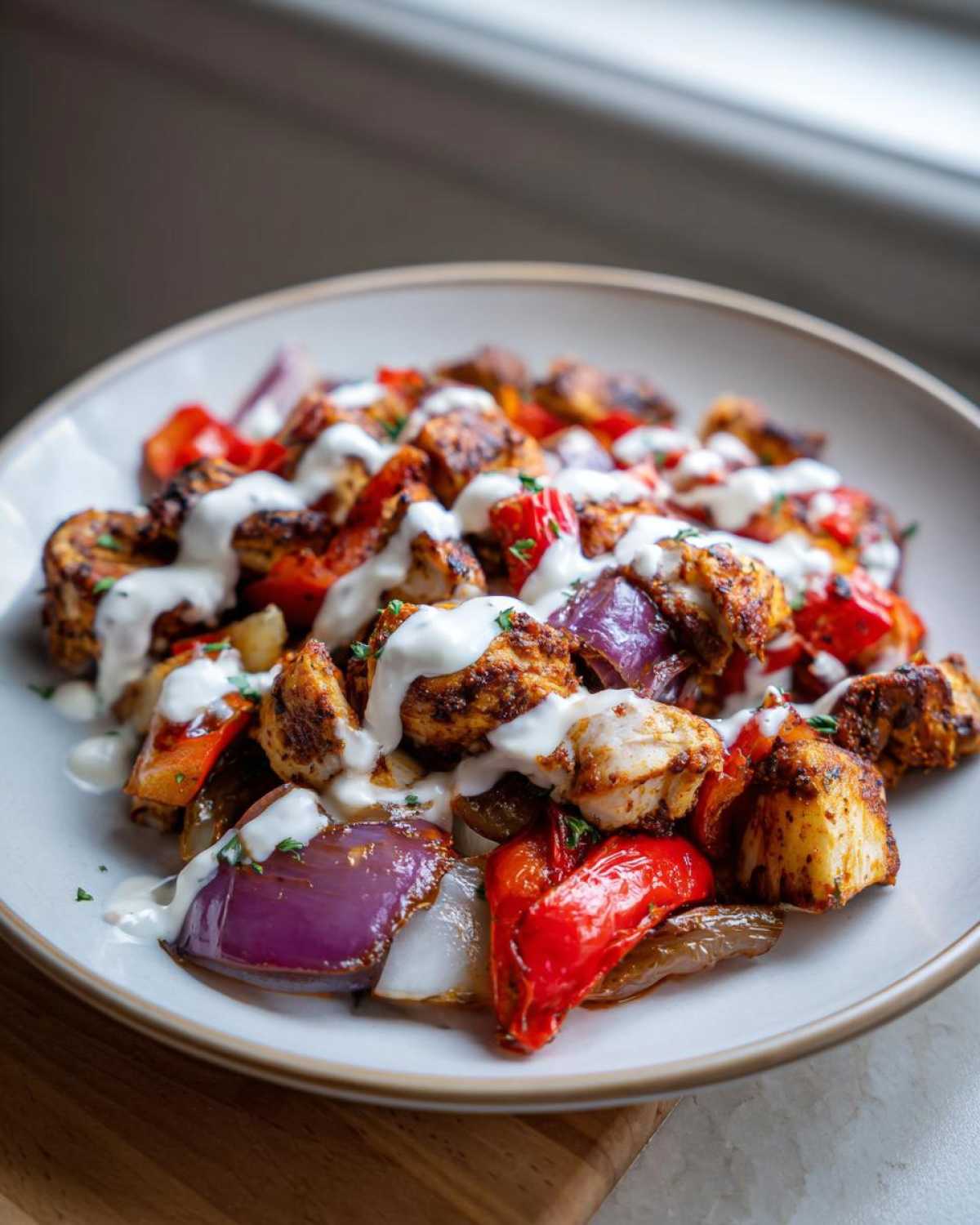 Close-up of Sheet Pan Chicken Shawarma pieces with roasted red peppers and onions, drizzled generously with garlic yogurt sauce.