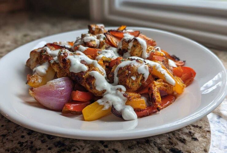 A serving of Sheet Pan Chicken Shawarma with roasted peppers and onions, drizzled generously with garlic yogurt sauce.