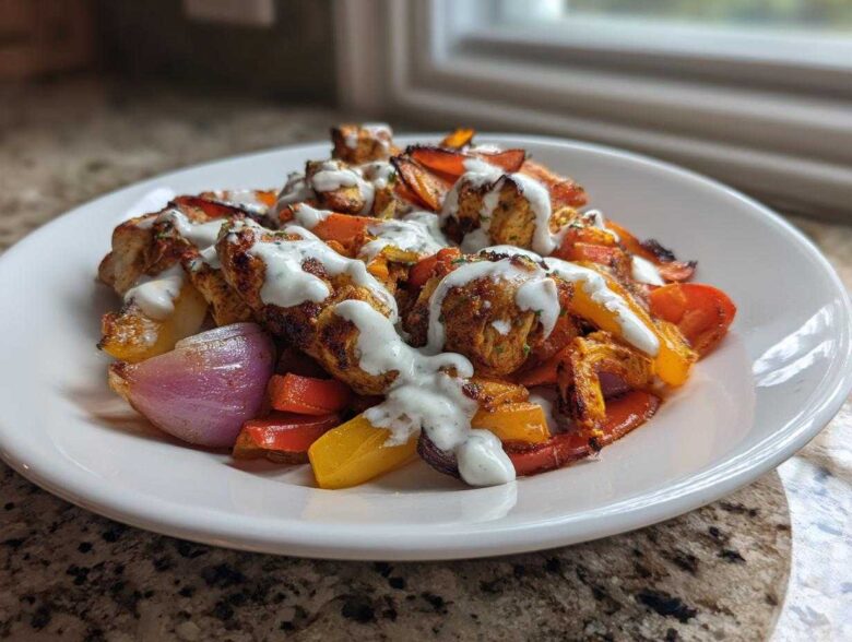 A serving of Sheet Pan Chicken Shawarma with roasted peppers and onions, drizzled generously with garlic yogurt sauce.