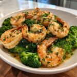 A close-up of cooked shrimp and bright green broccoli florets coated in garlic butter sauce, part of the Sheet Pan Garlic Butter Shrimp and Broccoli.