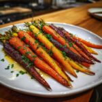 A platter of glossy, roasted rainbow carrots with honey glaze and fresh parsley, showcasing vibrant orange, yellow, and purple colors.