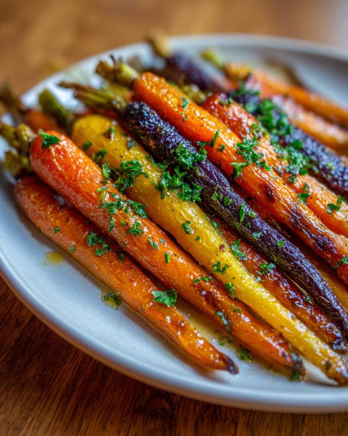 Close-up of roasted rainbow carrots with honey glaze, garnished with fresh parsley, ready to serve.