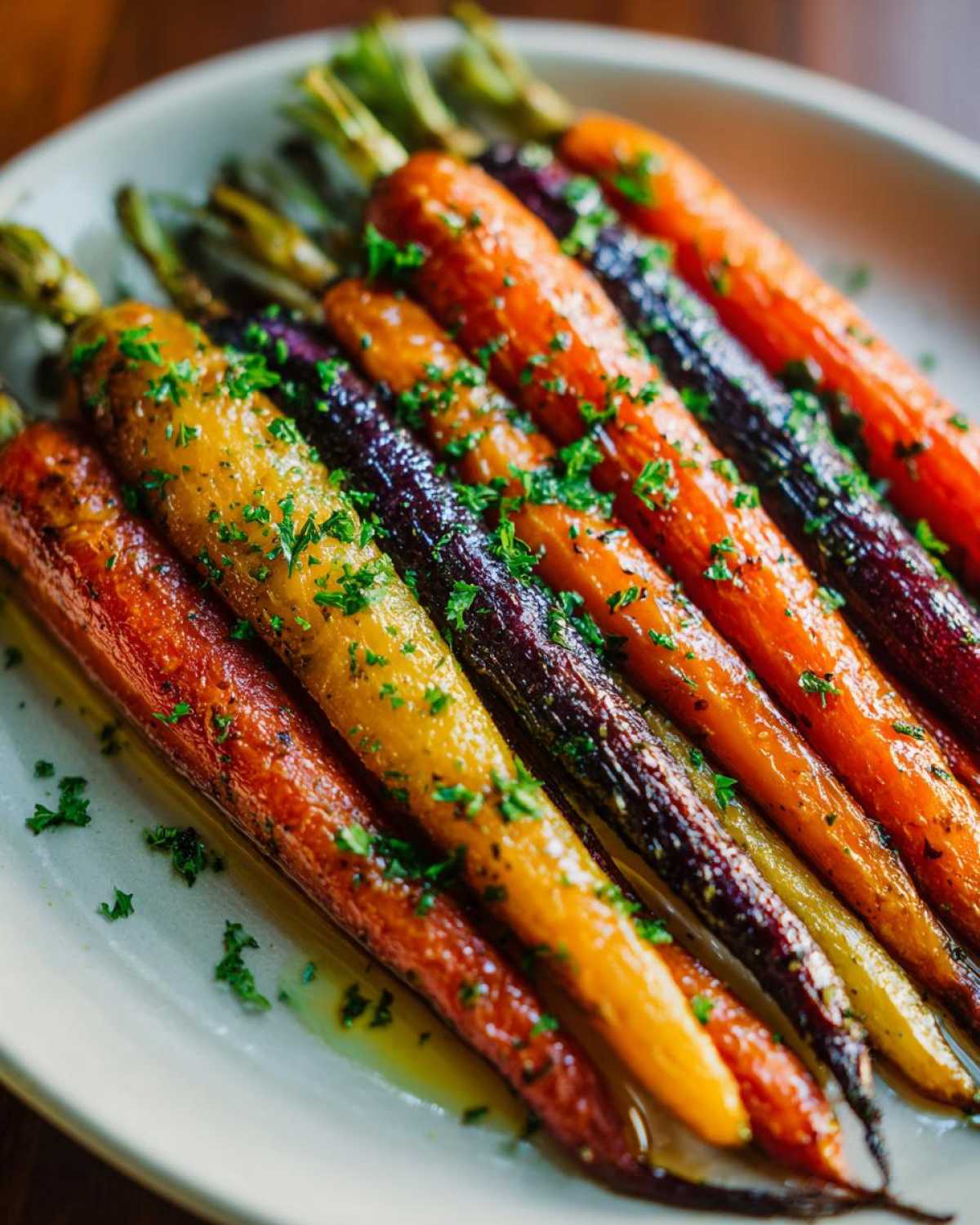 Close-up of vibrant Sheet Pan Roasted Rainbow Carrots with Honey, glistening with glaze and topped with fresh parsley.