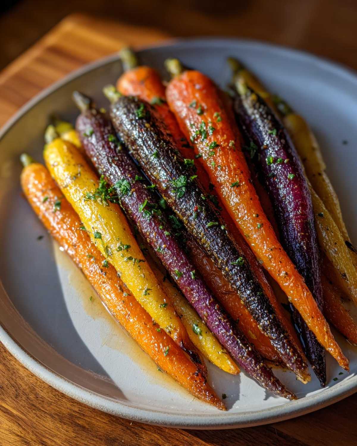 Close-up of vibrant Sheet Pan Roasted Rainbow Carrots with Honey, garnished with herbs, glistening on a plate.