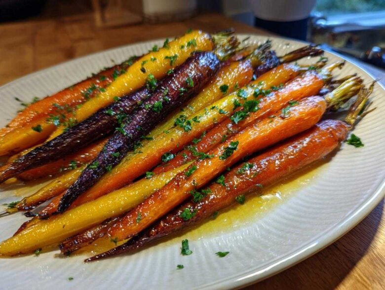 Close-up of glossy Sheet Pan Roasted Rainbow Carrots with Honey, garnished with parsley.