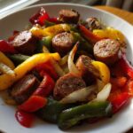 A close-up of cooked, sliced sausage mixed with roasted red, yellow, and green peppers and onions from the Sheet Pan Sausage and Peppers recipe.