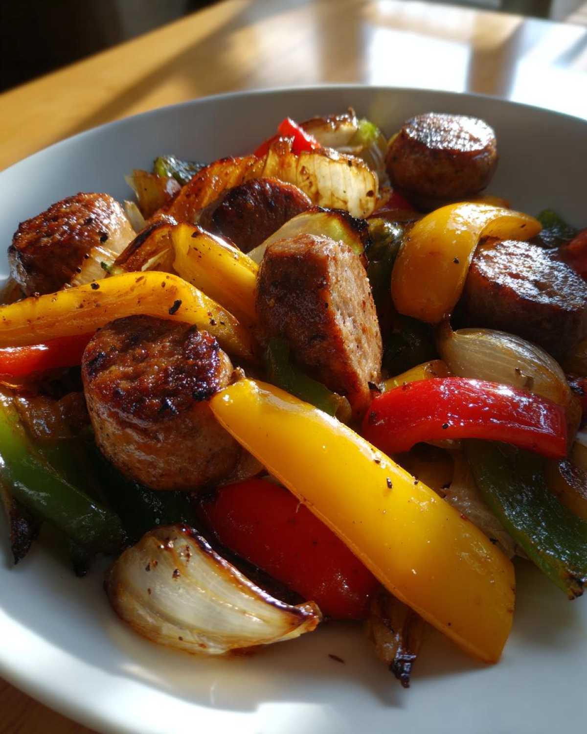 Close-up of roasted sausage slices mixed with colorful peppers and onions from Sheet Pan Sausage and Peppers.