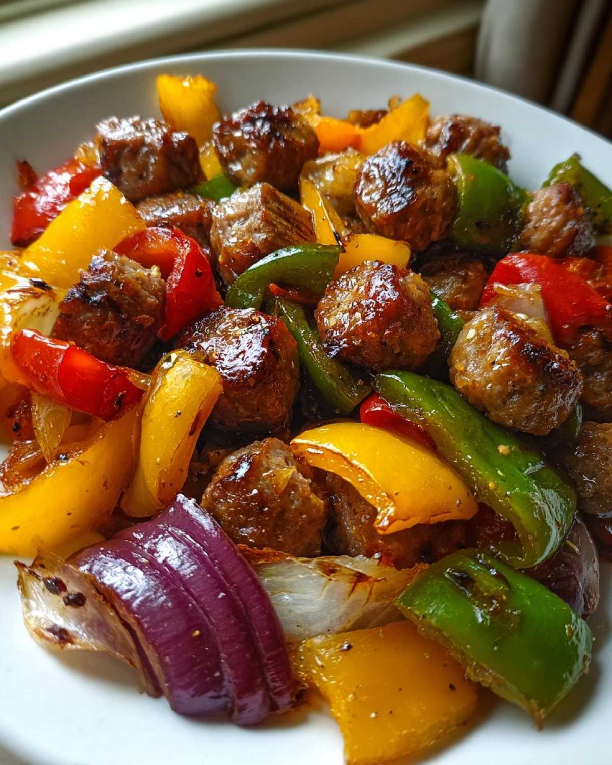 Close-up of browned sausage chunks mixed with colorful roasted peppers and red onion from Sheet Pan Sausage and Peppers.