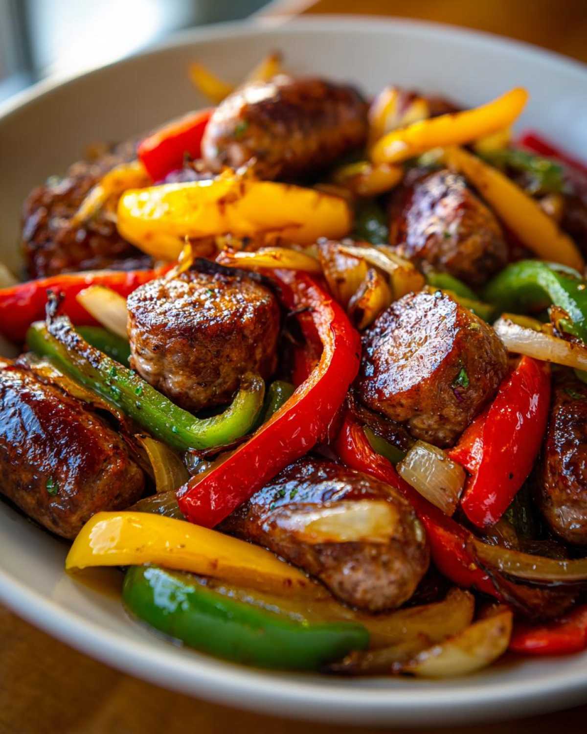 Close-up of browned sausage pieces mixed with colorful roasted red, yellow, and green peppers and onions in Sheet Pan Sausage and Peppers.