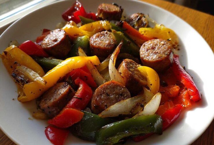 A close-up of cooked, sliced sausage mixed with roasted red, yellow, and green peppers and onions from the Sheet Pan Sausage and Peppers recipe.