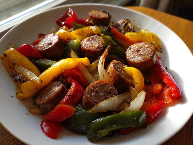 A close-up of cooked, sliced sausage mixed with roasted red, yellow, and green peppers and onions from the Sheet Pan Sausage and Peppers recipe.