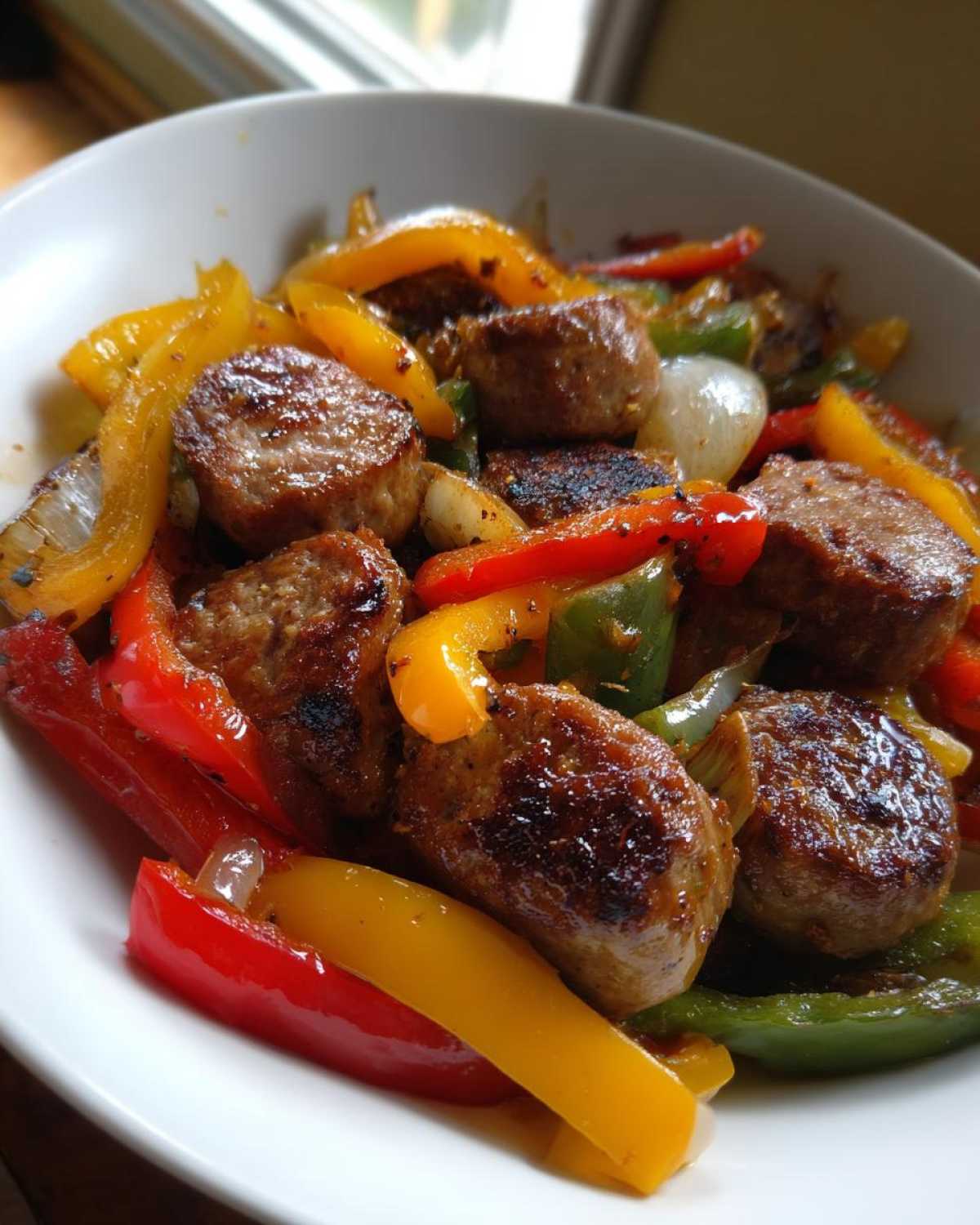 Close-up of sliced, browned sausage mixed with colorful bell peppers and onions, ready to eat Sheet Pan Sausage and Peppers.