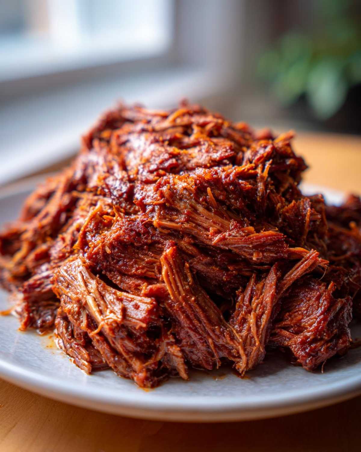 Close-up of richly seasoned, shredded Instant Pot Beef Barbacoa piled high on a light gray plate.