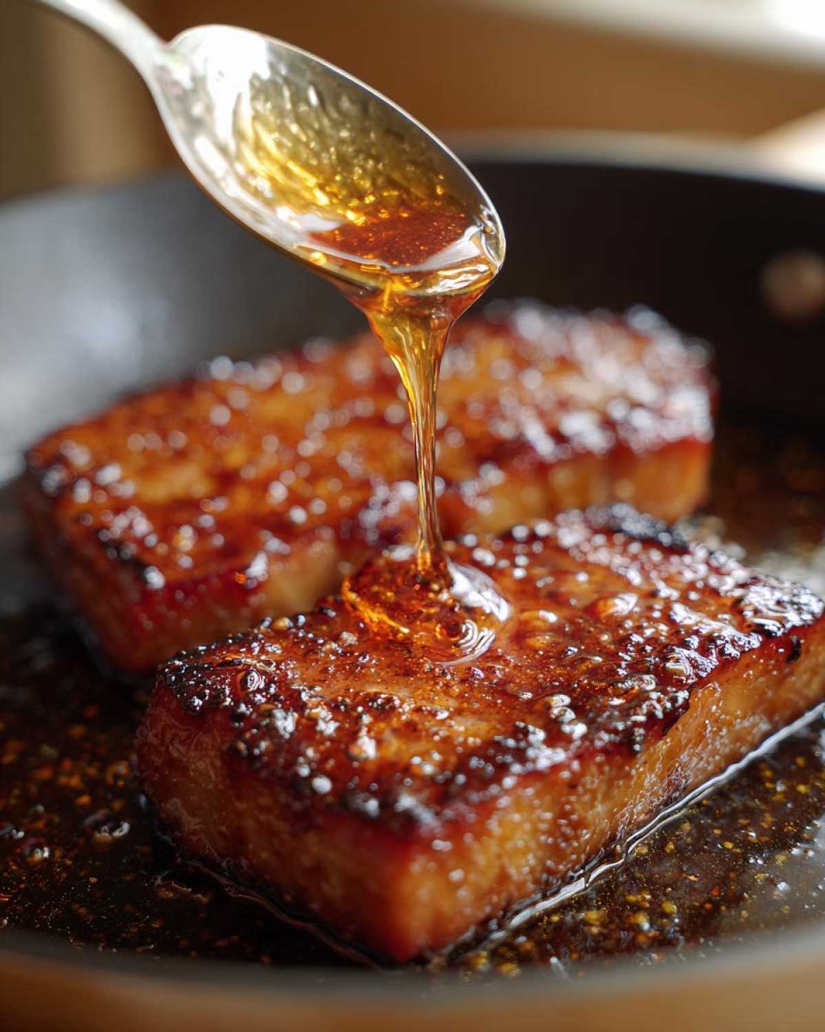 A spoonful of thick honey glaze is being poured over a seared Honey Glazed Ham Steak in a dark skillet.
